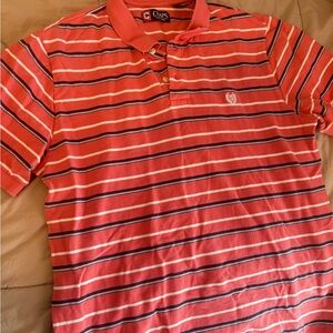 Chaps Men's Pink/Coral and Navy Striped Polo Shirt